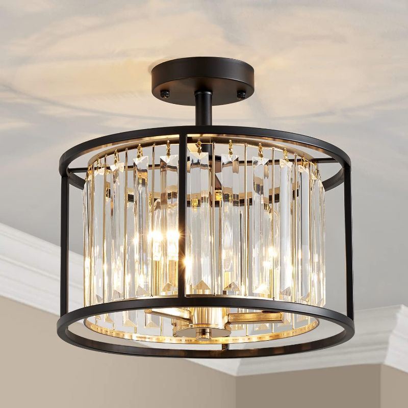 Photo 1 of AGV LIGHTING CL005BB K9 Crystal Semi Flush Mount Ceiling Light Fixture, Modern Design, E12 Base 3-Lights, D13 x H15, Copper & Matte Black Finish Metal Frame