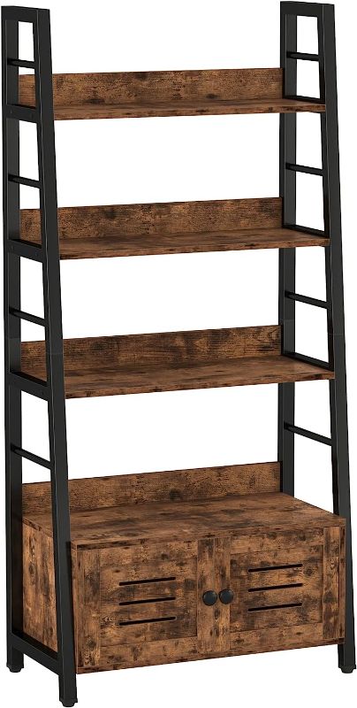 Photo 1 of Bookshelf with Louvered Doors, 3-Tier Ladder Shelf with Cabinet Industrial Accent Furniture for Bedroom Living Room Home Office, Rustic Bro