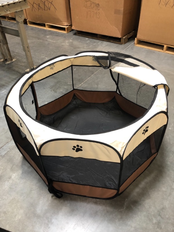 Photo 3 of BODISEINT Portable Pet Playpen, Dog Playpen Foldable Pet Exercise Pen Tents Dog Kennel House Playground for Puppy Dog Yorkie Cat Bunny Indoor Outdoor Travel Camping Use (Medium, Coffee - Beige) Medium Coffee - Beige