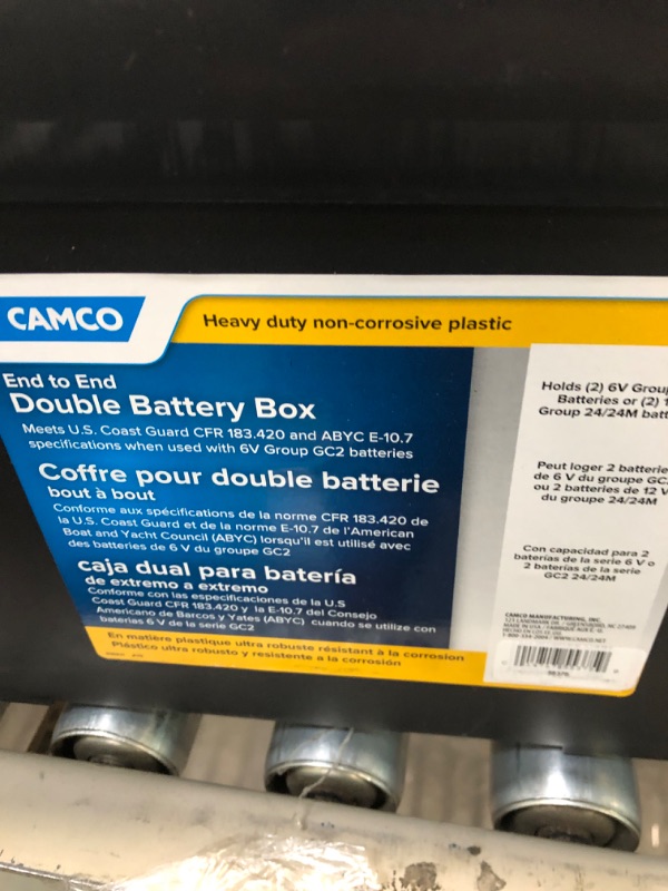 Photo 4 of Camco Double Battery Box | Safely Stores RV, Automotive, and Marine Batteries | Features a Heavy-Duty Corrosion-Resilient Polymer Construction and Measures Inside 21-1/2" x 7-3/8" x 11-3/16" (55375)