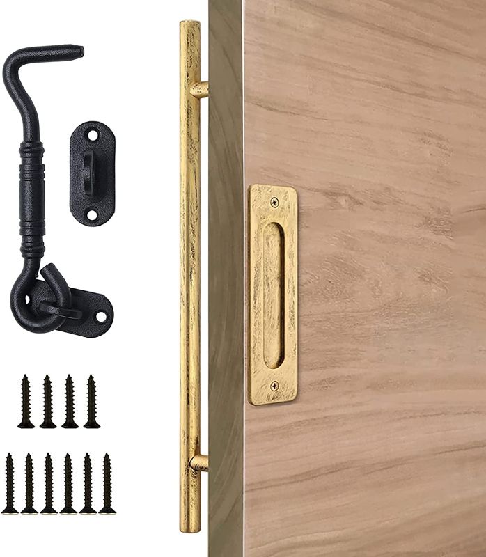 Photo 1 of MIWOOYY 24 inch Barn Door Handle Retro Gold - Handmade Rustic Sliding Barn Door Pull Flush Handles with Hook Lock Latch Set, Barn Door Gate Garage Hardware Kit
