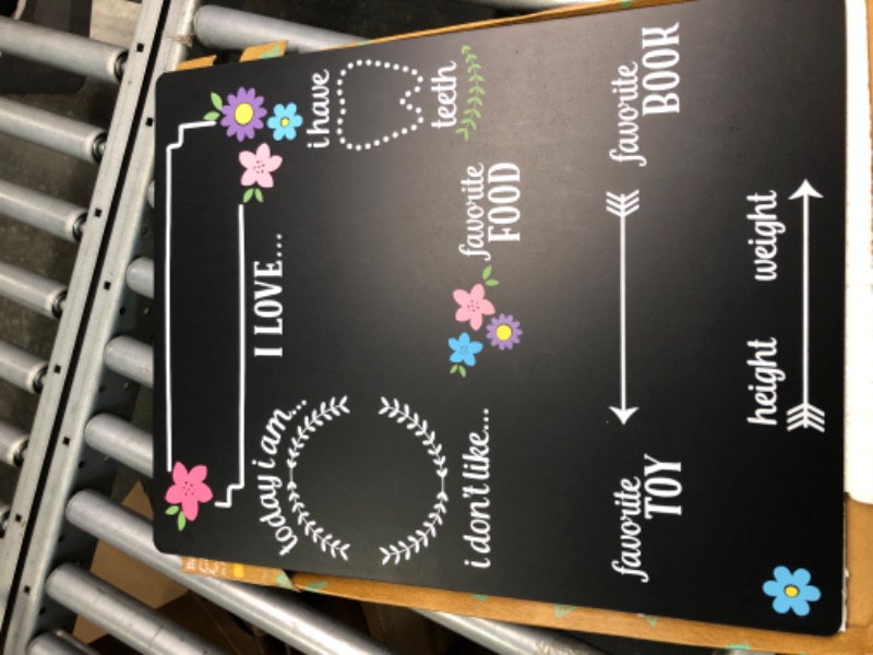 Photo 1 of Kate & Milo Flowers Baby Milestone Chalkboard, Baby Girl Photo Prop, All About Me Reusable Milestone Board, Black Flowers Milestone Chalkboard