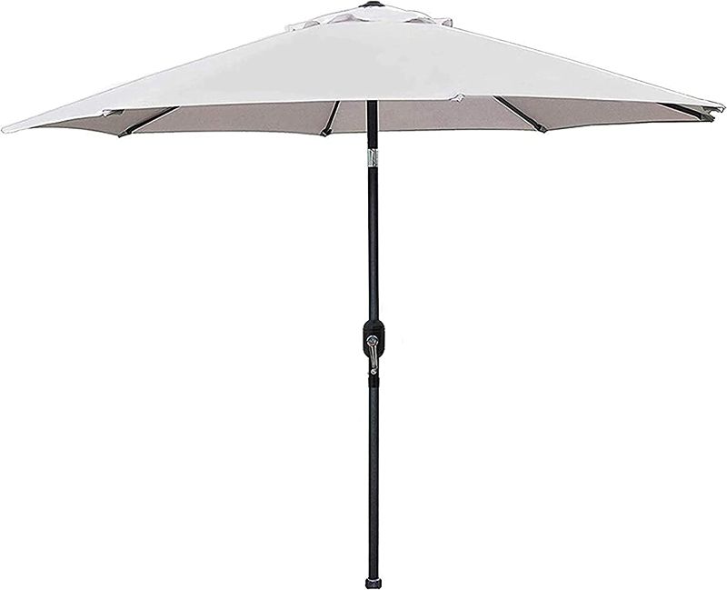 Photo 1 of 9' Outdoor Patio Umbrella, Striped Patio Umbrella, Market Striped Umbrella with Push Button Tilt and Crank (Grey)