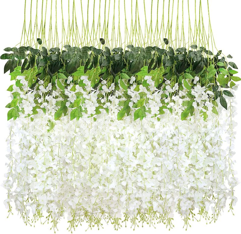 Photo 1 of CEWOR 36 Pack Wisteria Hanging Flowers 3.7 Feet Artificial Flowers Fake Wisteria Vine Hanging Garland Silk Flowers String for Wedding Party Home Greenery Wall Decor (White)