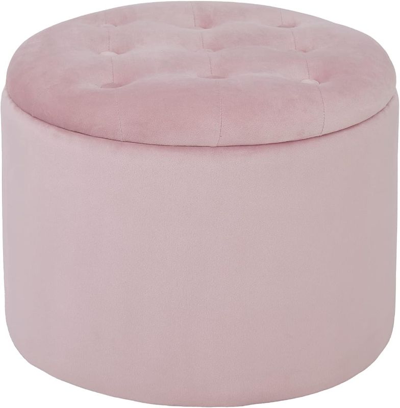 Photo 1 of 
PINPLUS Round Pouf Storage Ottoman, Pink Velvet Large Foot Rest Stool Seat with Lids, Coffee Table Footrest Stool Seat for Living Room Bedroom Entryway, 19.