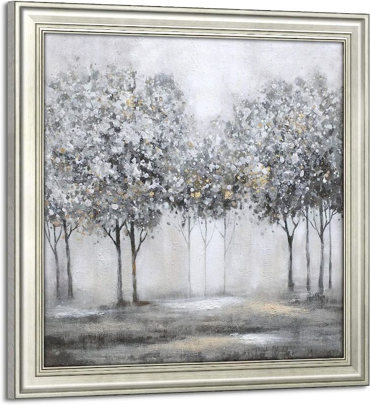 Photo 1 of Abstract Forest Framed Wall Art: Silver White Modern Gray Tree Painting Contemporary Landscape Picture Minimalist Scenery Prints Gold Foil Textured Nature...