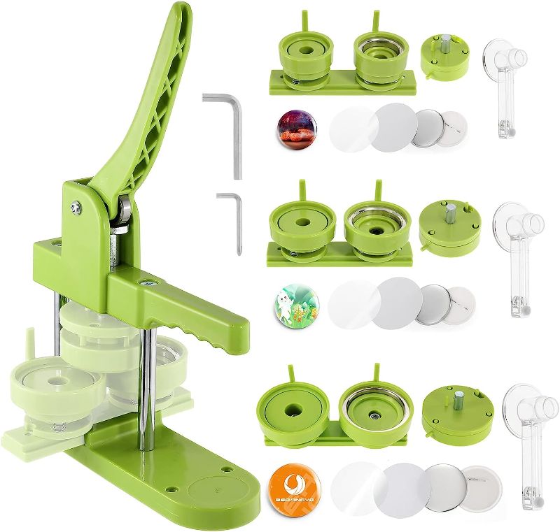 Photo 1 of BEAMNOVA Button Maker Machine Multiple Sizes 1.73+2.28+2.95 inch, 44mm 58mm 75mm Sliding Dies, 300 Sets of Button Supplies, Circle Cutter Hand Press Machine Round Pin Badge Maker Kit
