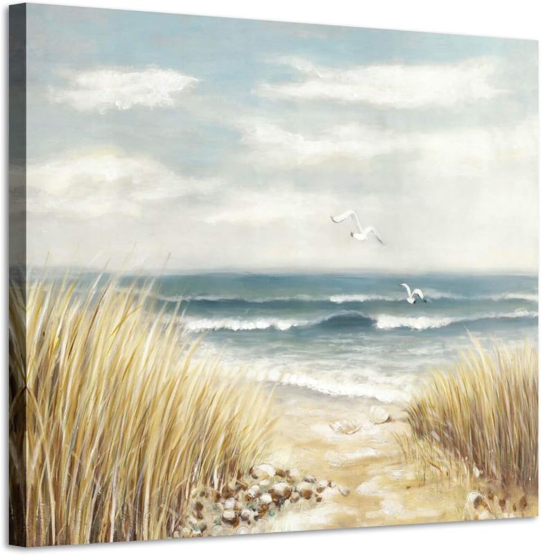 Photo 1 of Bedroom Beach Painting Wall Art: Abstract Coastal Picture Contemporary Ocean Canvas Modern Seascape Artwork Relaxing Sea Wave Print Nature Seashore Painting Seaside Scene Art for Living Room 24"x18"