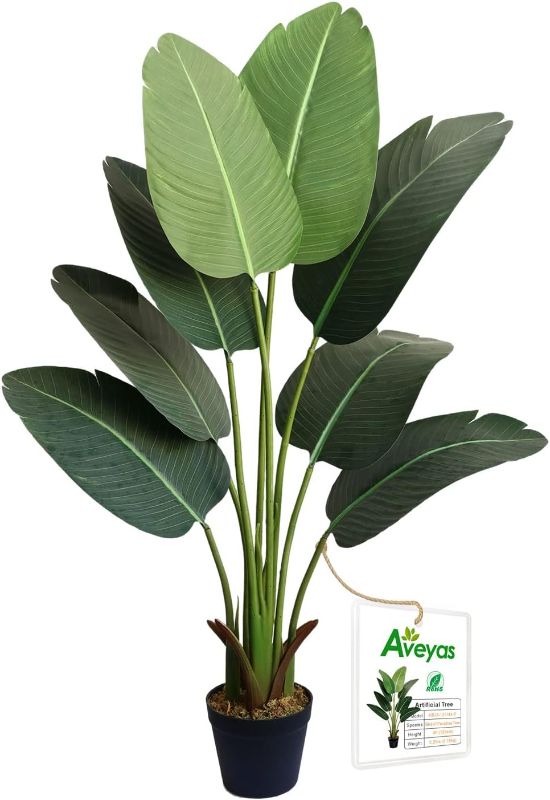 Photo 1 of Aveyas 4ft Artificial Bird of Paradise Tree in Pot, Fake Tropical Travellers Plants Faux Banana Leaf Palm Silk Tree for Indoor Outdoor Office House Living Room Floor Modern Home Decor (4Feet,8 Trunks)