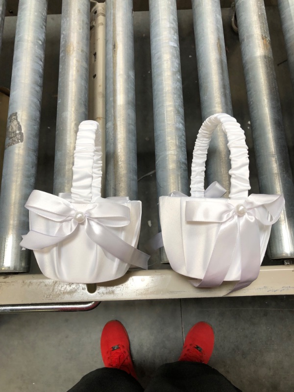 Photo 1 of ATAILOVE 2PCS Wedding Flower Girl Baskets, Satin Bowknot Flower Baskets Pearl Collection - White Cute Bow