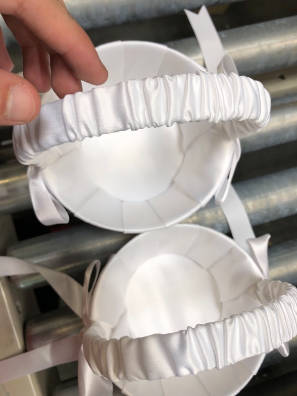 Photo 1 of ATAILOVE 2PCS Wedding Flower Girl Baskets, Satin Bowknot Flower Baskets Pearl Collection - White Cute Bow