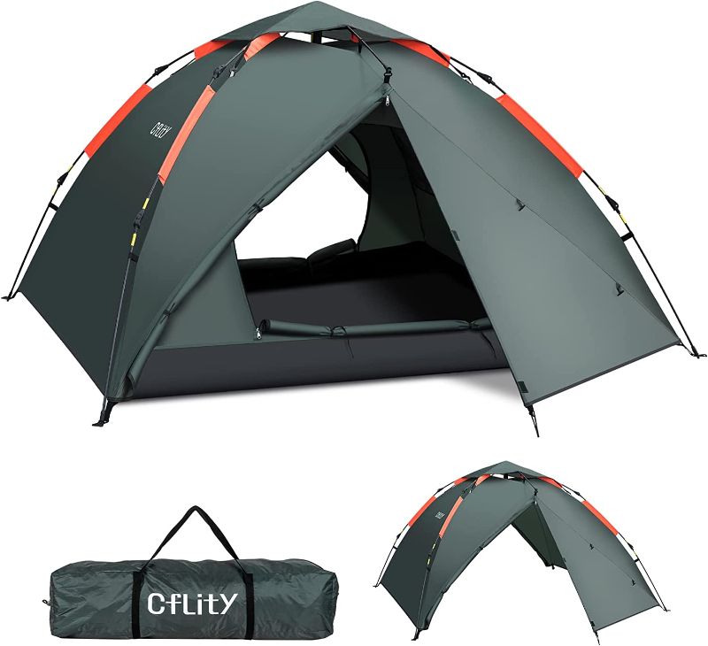 Photo 1 of Cflity Camping Tent, 3 Person Instant Pop Up Tent Waterproof Three Layer Automatic Dome Tent, Large Lightweight 4 Seasons