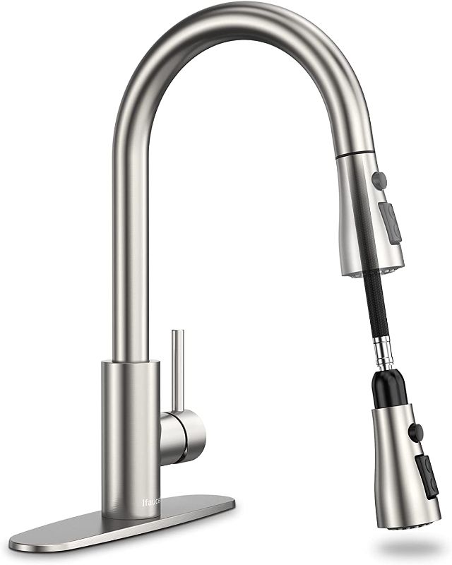 Photo 1 of Kitchen Faucets, Kitchen Faucet with Pull Down Sprayer Brushed Nickel, Kitchen Sink Faucet, 15.5-Inch Faucet for Kitchen Sink for 3 Hole - Stainless Steel...