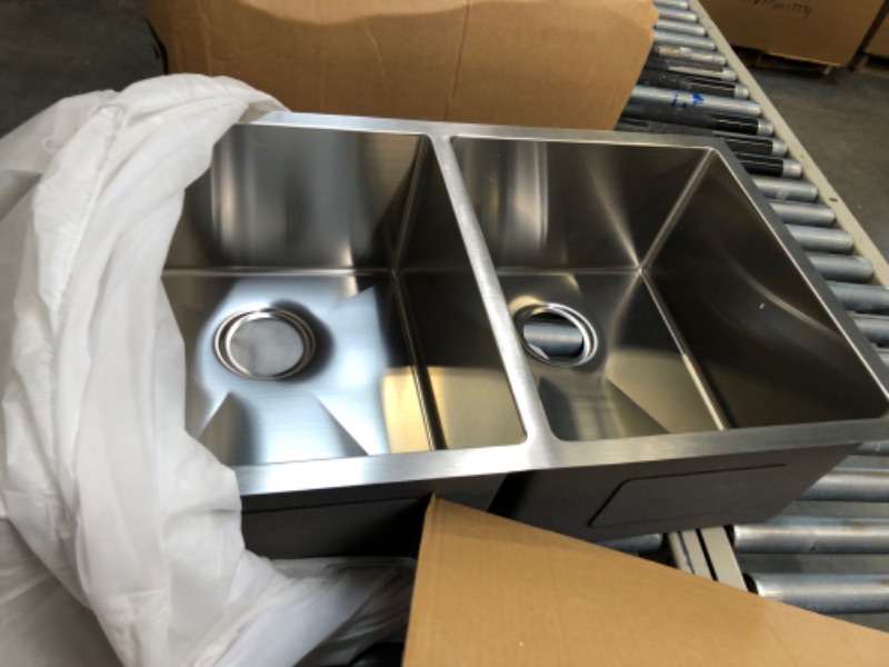 Photo 4 of 33" Undermout Kitchen Sink Double Bowl - Dcolora 33 Inch Stainless Steel Kitchen Sink Spacious 50/50 Split Double Basin 16 Gauge with Round Corner X Grooves Under Counter 33"x19"x10inch 50/50 Stainless Steel