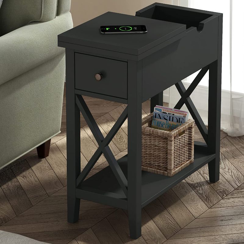 Photo 1 of ChooChoo Black End Table, Flip Top Narrow Side Table for Small Spaces, Accent Nightstand Sofa Table for Living Room, Bedroom