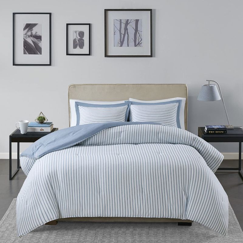 Photo 1 of  Ultra Soft Reversible Striped Hypoallergenic Down Alternative Comforter Set Bed Bedding, King/Cal King Size, Heathered Blue