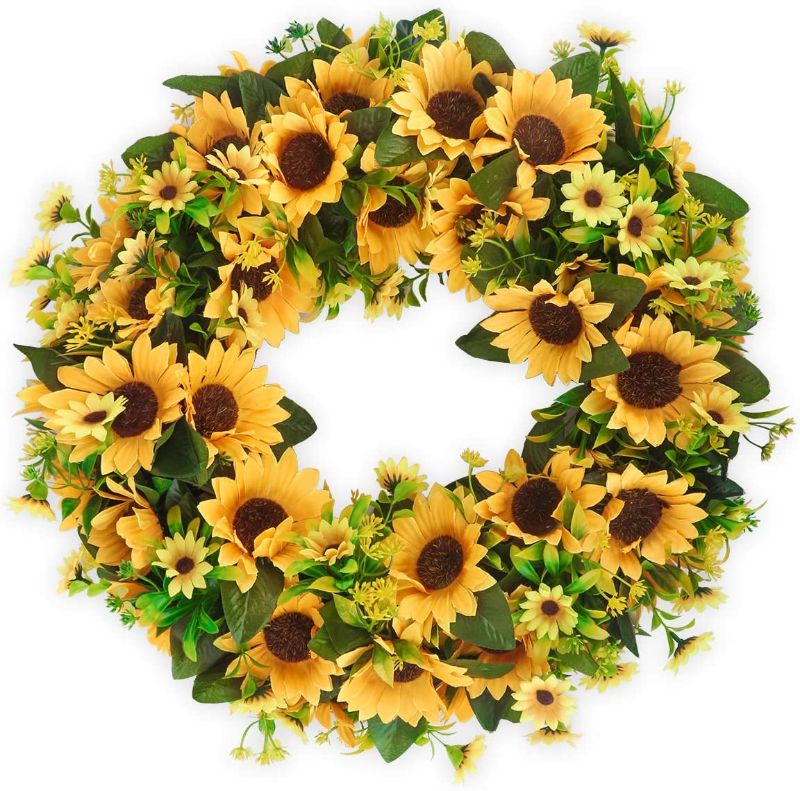 Photo 1 of BOMAROLAN Artificial Sunflower Wreath 20 Inch Summer Fall Large Wreaths Springtime All Year Around Flower Green Leaves for Outdoor Front Door Indoor Wall Or Window Décor