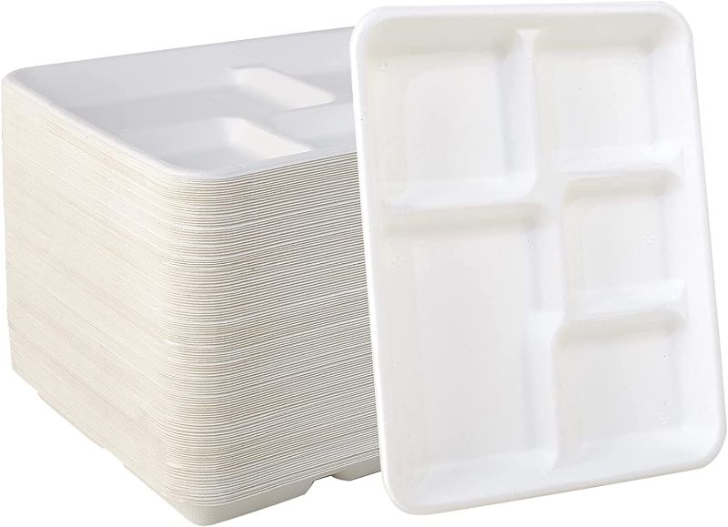 Photo 1 of 500 Pack 5 Compartment Plates, 100% Compostable Paper Plate, 10.25*8.5 inch Disposable School Lunch Trays, Eco-Friendly Bagasse Plates