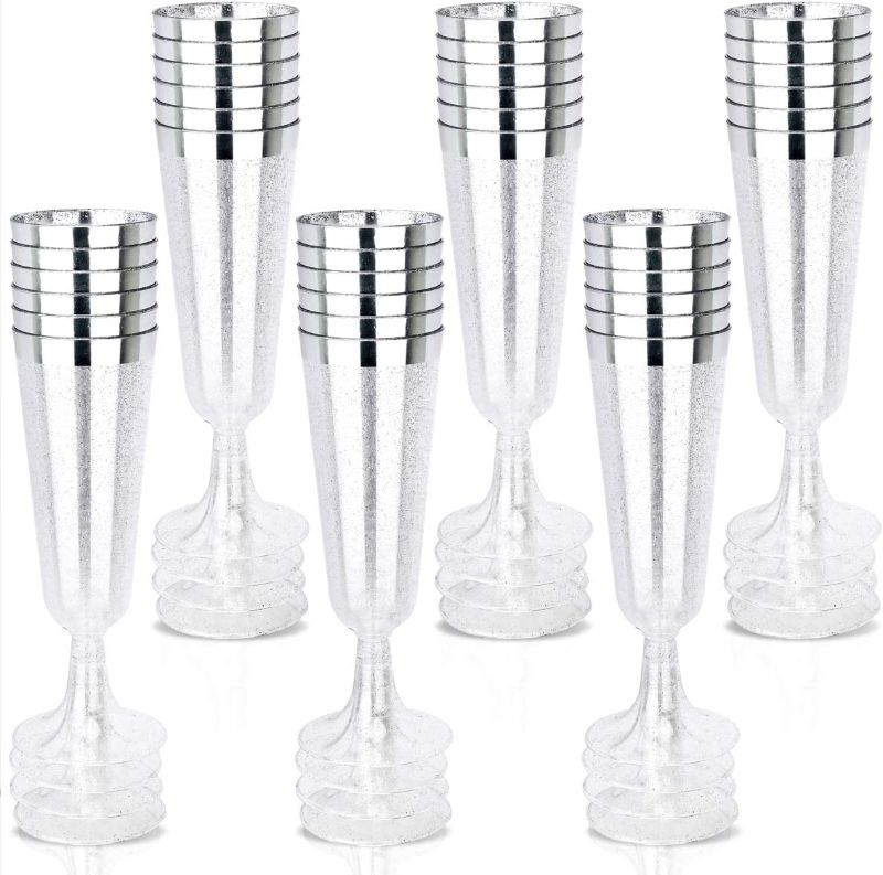 Photo 1 of WDF 36Pieces Silver Plastic Champagne Flutes - 6oz Silver Glitter with a silver Rim Champagne Glasses - Premium Silver Plastic Cups Perfect for Party/Wedding