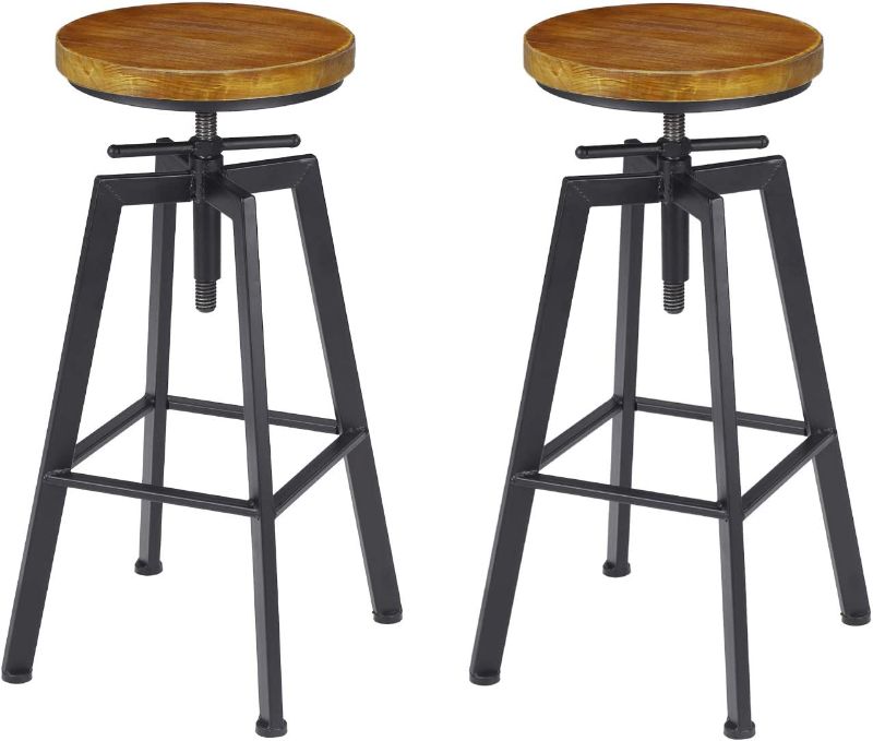 Photo 1 of VILAVITA 2-Set Bar Stools, 24.8 Inch to 30.8 Inch Adjustable Height Swivel Counter Height Bar Chair, Retro Finish Industrial Style Wood Barstools