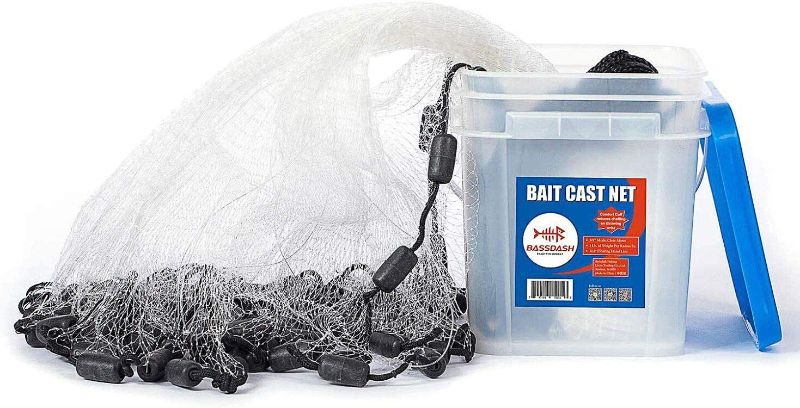 Photo 1 of BASSDASH American Saltwater Fishing Cast Net 3/8 1/4-Inch Mesh 4ft 6ft 8ft Radius, 1-Pound Per Foot, for Bait Fish with Utility Bucket Casting
