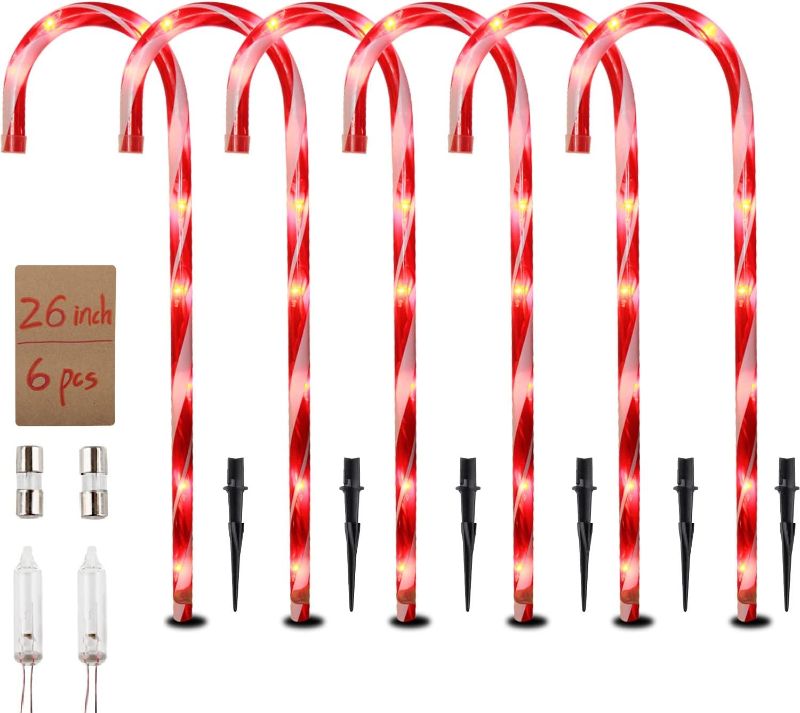 Photo 1 of Christmas Candy Cane Lights - 26Inch Xmas Pathway Markers Light Decorations, Light Up Candy Canes Light with 6 Tungsten Bulbs, Xmas Outdoor Light for Walkway, Yard, Home, Holiday Party Decor, 6 Pack