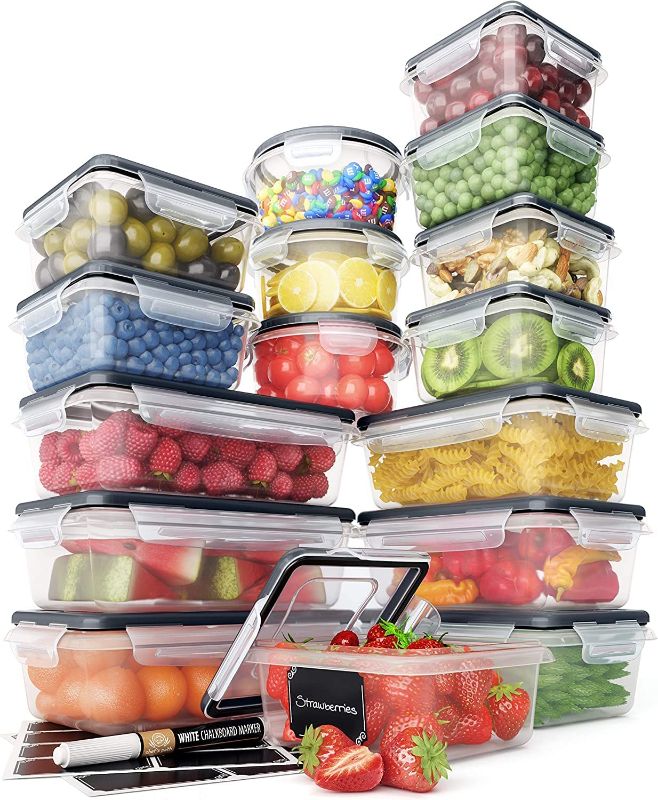 Photo 1 of 32 Piece Food Storage Containers Set with Easy Snap Lids (16 Lids + 16 Containers) - Airtight Plastic Containers for Pantry & Kitchen Organization - BPA-Free Lunch Containers with Labels & Marker