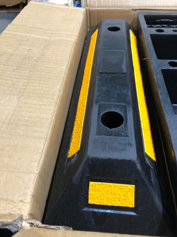 Photo 1 of F COME 2 Pack Heavy Duty Rubber Parking Block Parking Curb - Wheel Stop Stoppers with Scatter Glass Reflective Yellow Targets for Car Garage Floor Stops and Truck RV Stop Aid Indoor Outdoor parking block 2 pack