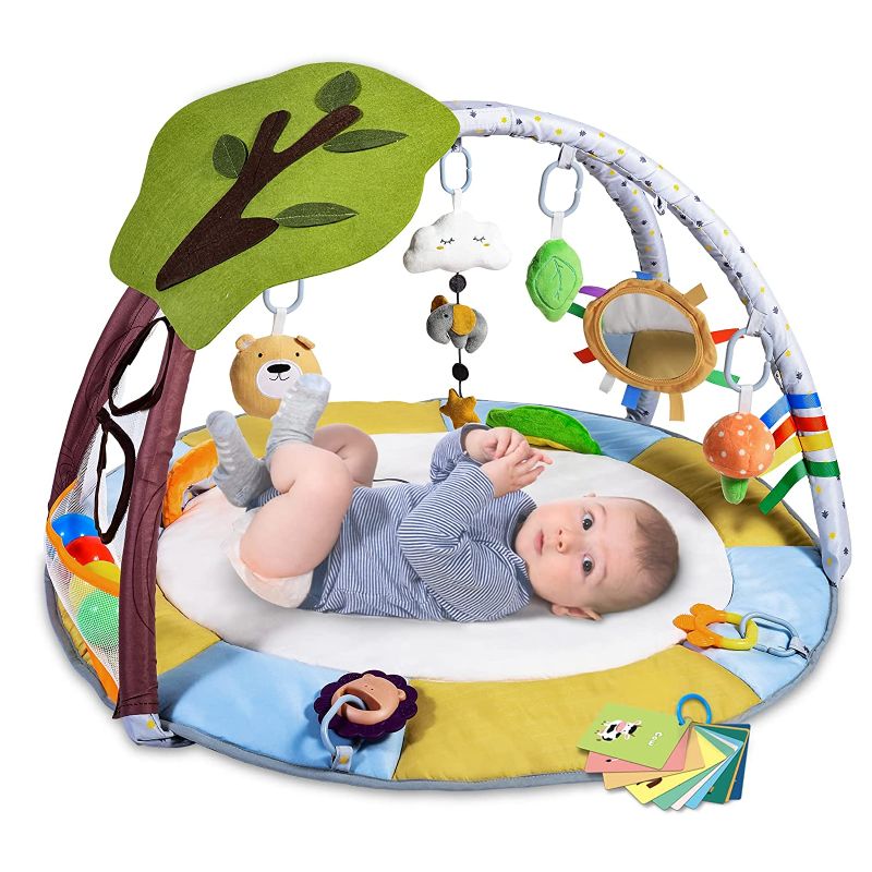 Photo 1 of Lupantte Baby Gym Play Mat with 9 Toys for Sensory and Motor Skill Development Language Discovery, Thicker Non-Slip Baby Activity Gym with Ball Pit, Green Tree for Newborns, Babies to Toddlers