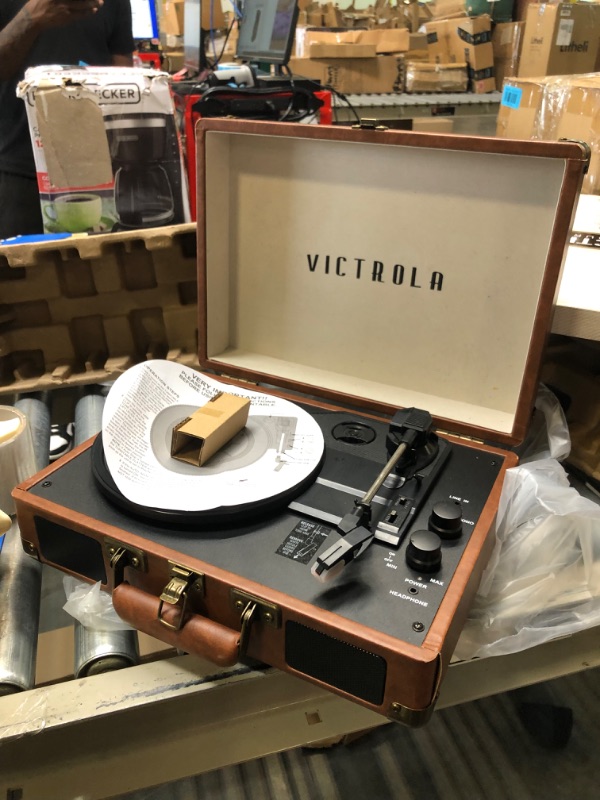 Photo 4 of Victrola Vintage 3-Speed Bluetooth Portable Suitcase Record Player with Built-in Speakers | Upgraded Turntable Audio Sound| Includes Extra Stylus | Brown Brown Record Player