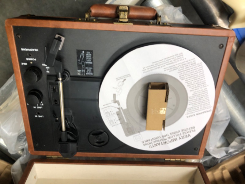 Photo 3 of Victrola Vintage 3-Speed Bluetooth Portable Suitcase Record Player with Built-in Speakers | Upgraded Turntable Audio Sound| Includes Extra Stylus | Brown Brown Record Player