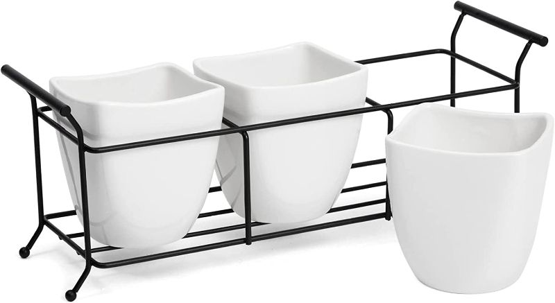 Photo 1 of 3-Piece White Ceramic Utensil Holder with Metal Stand, Flatware Caddy for Organizing Cutlery, Silverware, Table Accessories, Kitchen Decor (White, 13x4x5 Inches)