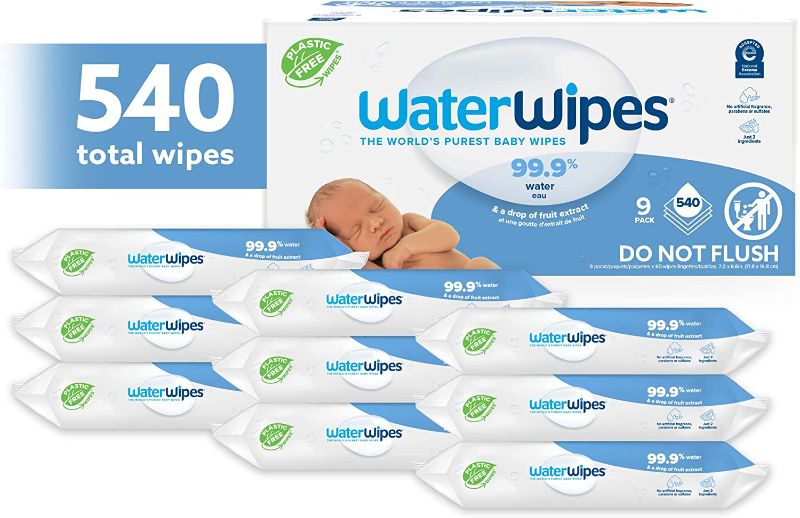 Photo 1 of WaterWipes Plastic-Free Original Baby Wipes, 99.9% Water Based Wipes, Unscented & Hypoallergenic for Sensitive Skin, 540 Count (9 packs), Packaging May Vary