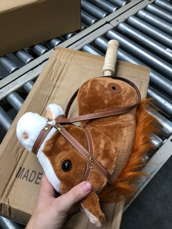 Photo 1 of HollyHOME Outdoor Stick Horse with Wood Wheels Real Pony Neighing and Galloping Sounds Plush Toy Dark Brown 36 Inches(AA Batteries Required)