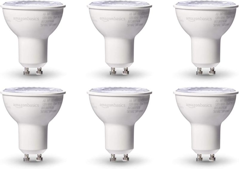 Photo 1 of Amazon Basics 50W Equivalent, 3000K White, Dimmable, 10,000 Hour Lifetime, MR16 (GU10 base) LED Light Bulb | 6-Pack