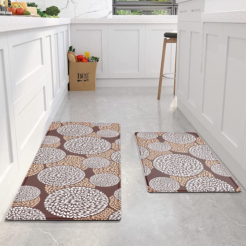 Photo 1 of Artnice Kitchen Floor Mats 2 Piece,Floral Anti Fatigue Kitchen Rugs,Cushioned PVC Kichen Rugs and Mats,Waterproof Non Slip Comfort Kitchen Runner Rugs for Sink,Laundry,Workshop,Brown