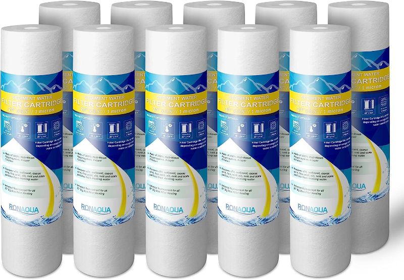 Photo 1 of Big Sediment Replacement Water Filters 1 Micron 4.5"x 20" Cartridges by Ronaqua WELL-MATCHED with 155358-43, 2PP20BB1M, AP810-2, FPMB-BB5-20, FP25B, P5-20BB, SDC-45-2005 (10 Pack, 20")