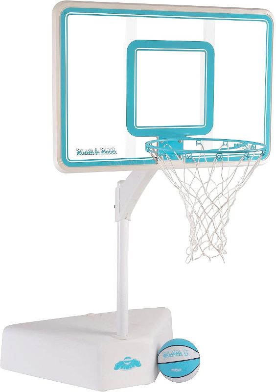 Photo 1 of Dunn-Rite Splash & Shoot Outdoor Adjustable Height Swimming Pool Basketball Hoop w/Ball, Base, & 18 Inch Stainless Steel Rim for Adults & Kids, Clear