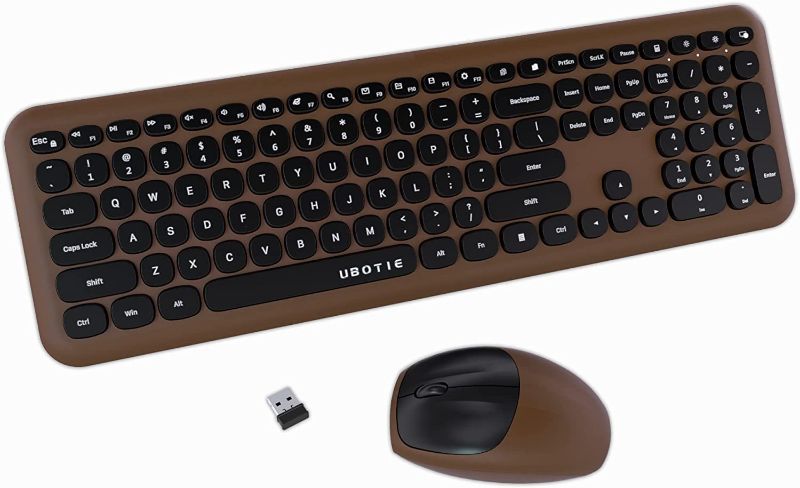 Photo 1 of Wireless Computer Keyboards Mice Combo, UBOTIE Colorful Full Size 110 Keys Slim 2.4GHz Connection Aesthetic Business Style PC Keyboard with Optical Mouse for Laptops, MacBook (Brown)