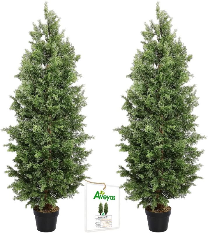 Photo 1 of Aveyas 2 Pack 5ft Artificial Cone Topiary Cedar Trees in Cemented Plastic Pot, Fake Cypress Plants Faux Mini Pine Silk Trees for Indoor Outdoor Patio Front Door Porch Floor Home Modern Decor, 5 feet