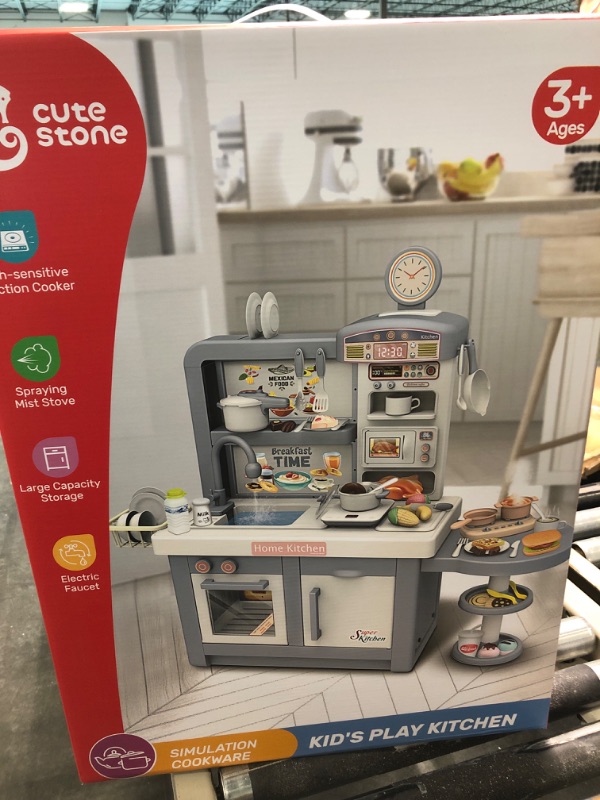 Photo 1 of CUTE STONE Play Kitchen with Lights & Sounds, Kids Kitchen Playset with Play Sink, Cooking Stove with Steam, Play Oven & Microwave and 48Pcs Toy Accessories Set, Kitchen Toy Gift for Ages 3+ Gray