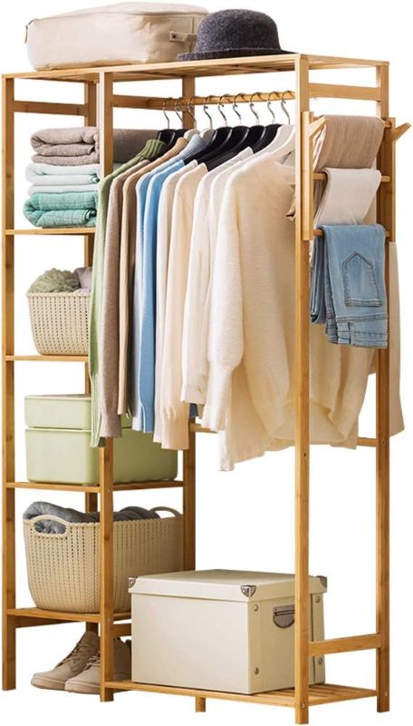 Photo 1 of 
Ufine Bamboo Garment Rack 6 Tier Storage Shelves Clothes Hanging Rack with Side Hooks, Heavy Duty Clothing Rack Portable Wardrobe Closet Organizer