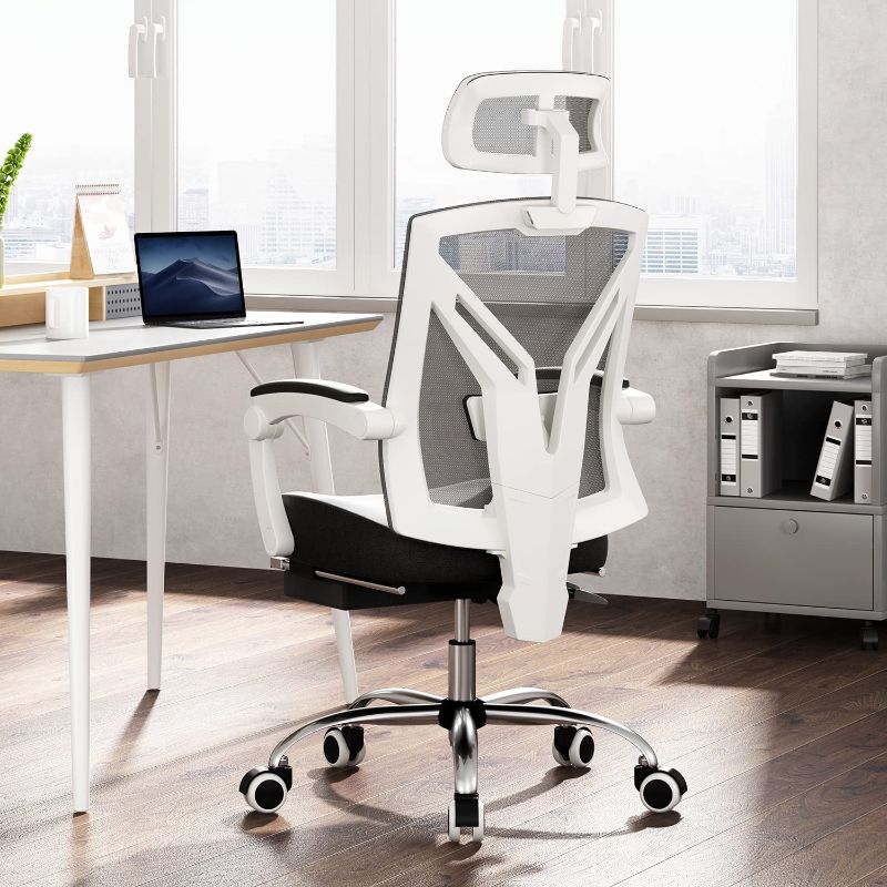 Photo 1 of Hbada Ergonomic Office Chair High Back Desk Chair Recliner Chair with Lumbar Support Height Adjustable Seat, Headrest- Breathable Mesh Back Soft Foam Seat Cushion with Footrest, White