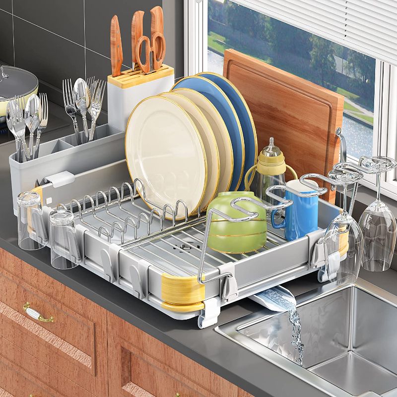 Photo 1 of 
 Dish Drying Rack for Kitchen Counter, Aluminium Dish Racks Organizer Shelf with Drainboard, Large Dish Drainer Rack with Cup Rack Anti-Rust Kitchen Dish Rack Dryer Shelf for Plate with Utensil