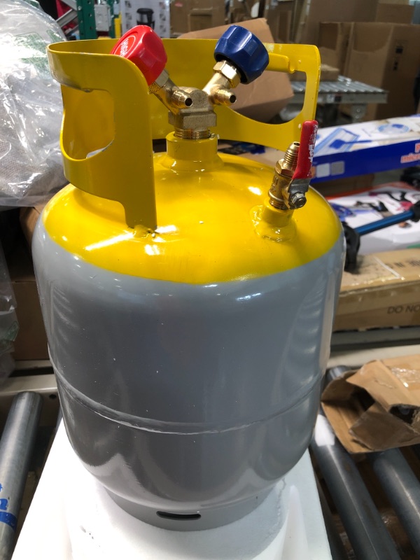 Photo 2 of GCCSJ Refrigerant Recovery Tank with Double Valve Collar Design Reusable Save Valve and 1/4 SAE Y Valve Gray Yellow 30 LB Capacity