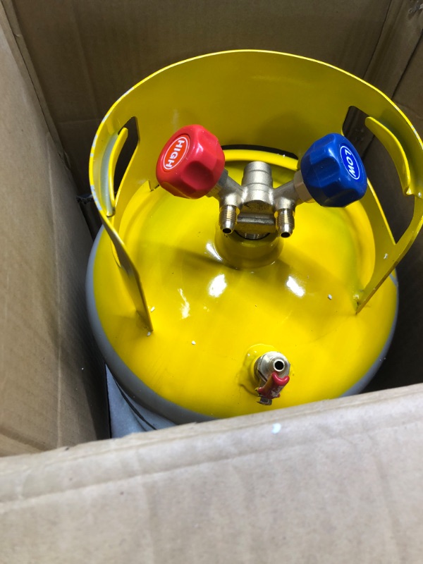 Photo 3 of GCCSJ Refrigerant Recovery Tank with Double Valve Collar Design Reusable Save Valve and 1/4 SAE Y Valve Gray Yellow 30 LB Capacity