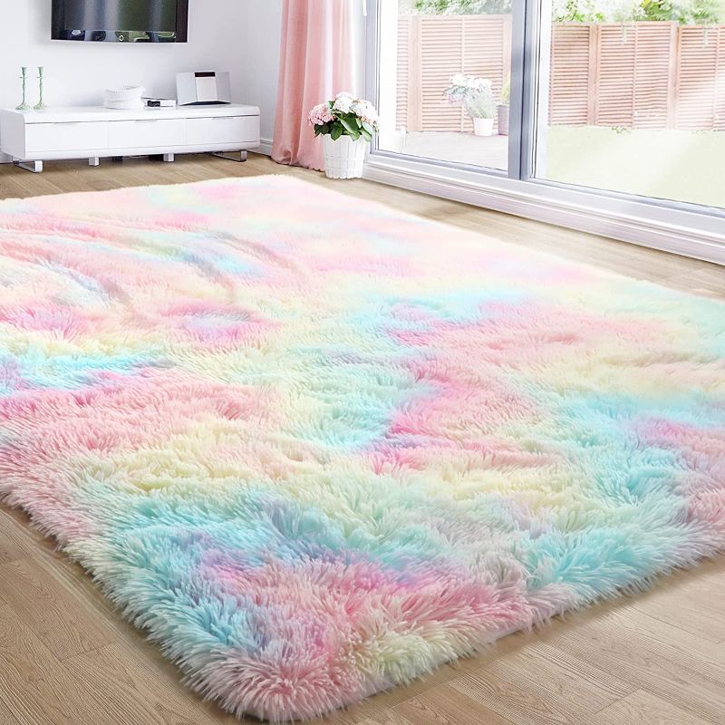 Photo 1 of Rainbow Fluffy Rugs for Girls Bedroom, Unicorn Room Decor,Pastel Area Rug for Kids, Shag Carpet for Nursery, Soft Play Mat for Baby, Fuzzy Rug for Living Room, Plush Rug for Playroom, Throw Rug 4x6
