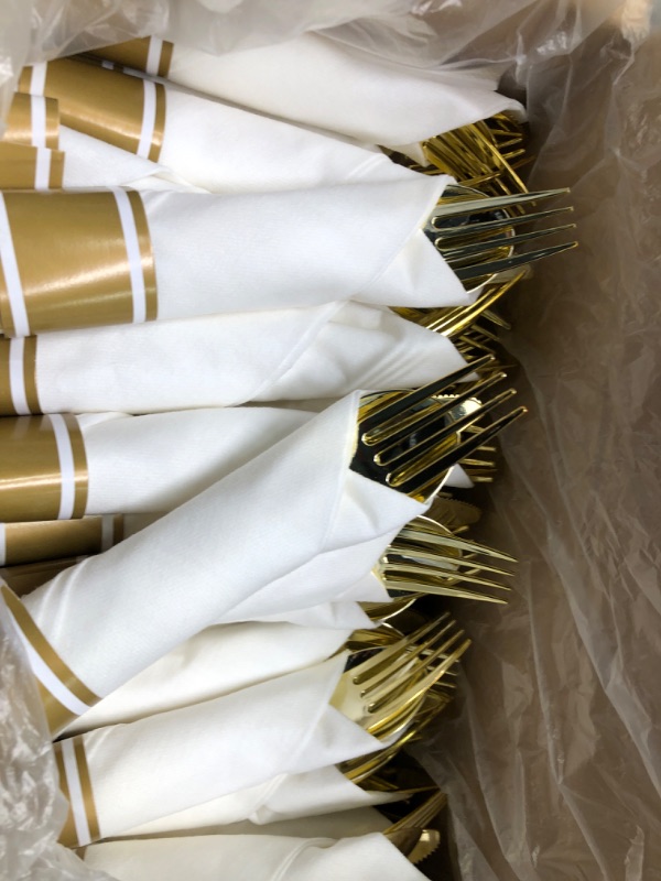 Photo 3 of 50 Gold Wrapped Plastic Cutlery Set with Napkin - By Zulzzy- Individually Pre Rolled Gold Silverware Disposable Ideal for Parties, Weddings, 50 Forks, Spoons & Knives with White Napkins