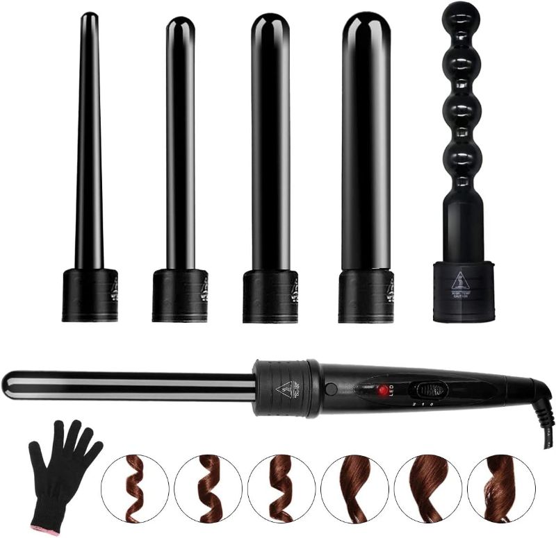 Photo 1 of 6 in 1 Curling Iron Wand Set with 6 Interchangeable Ceramic Barrels and Heat Protective Glove (Black-6in1) (Black-6)