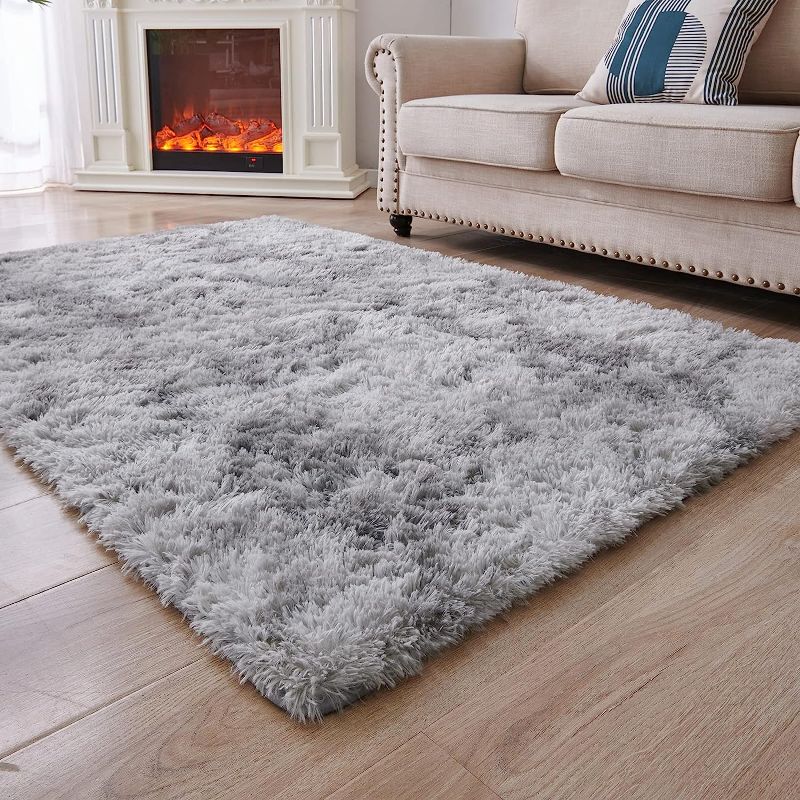 Photo 1 of hag Area Rug 6x9 Feet, Modern Indoor Nursery Fluffy Rug for Living Room Bedroom Kids Room, Rectangular Shaggy Rug, Tie-Dyed Light Grey